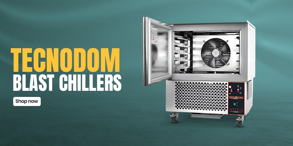 Banner showing Tecnodom blast chillers with open door, advanced cooling technology, and stainless steel design for professional kitchens.